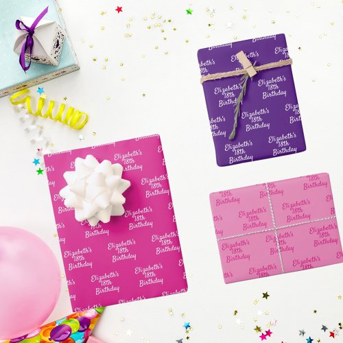 Birthday pink purple name girl wrapping paper sheets