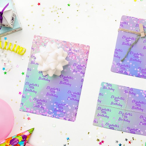 Birthday pink purple rainbow glitter monogram wrapping paper sheets