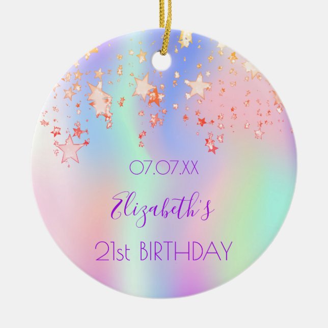 Birthday pink purple stars holographic name ceramic ornament (Front)