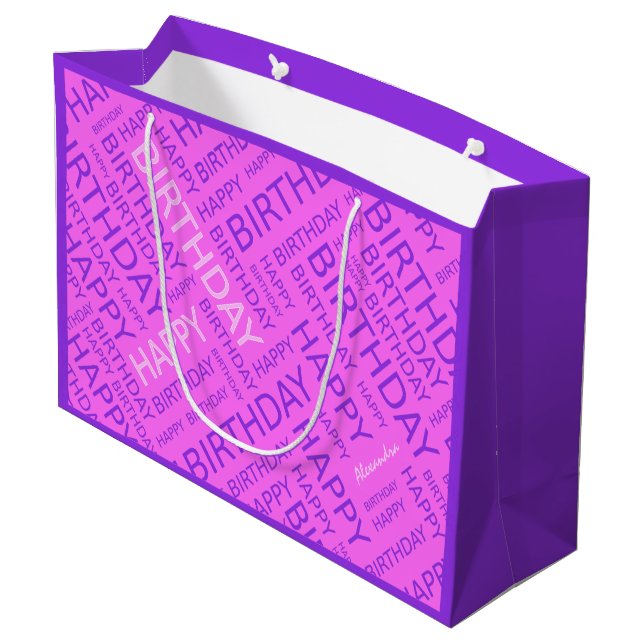 Birthday pink purple typographic personalized large gift bag (Back Angled)