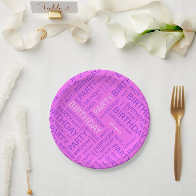Birthday pink purple typography add name paper plates (Wedding)
