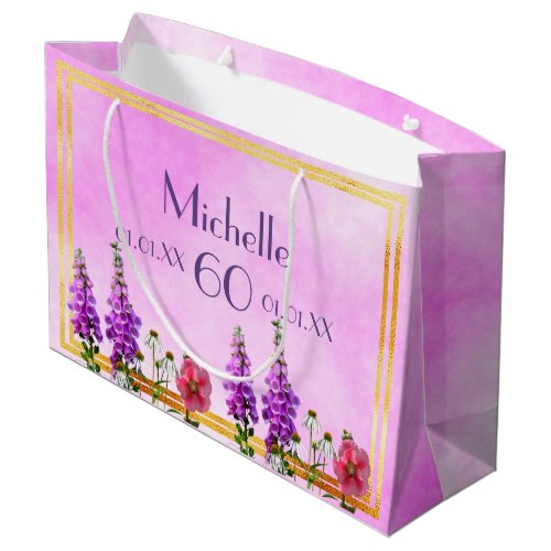 Birthday pink purple wildflowers name large gift bag