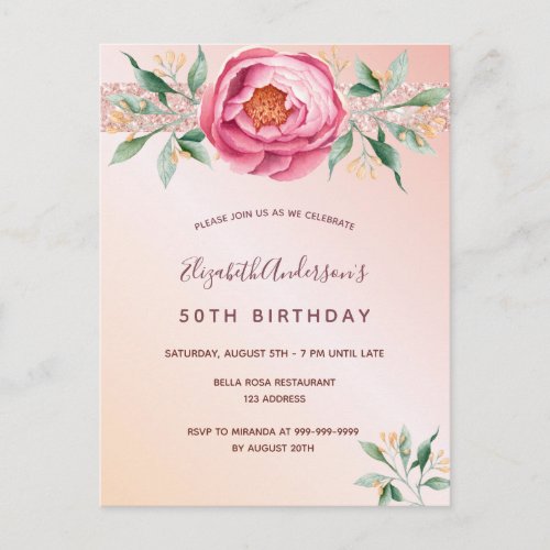 Birthday pink rose gold florals glitter invitation postcard