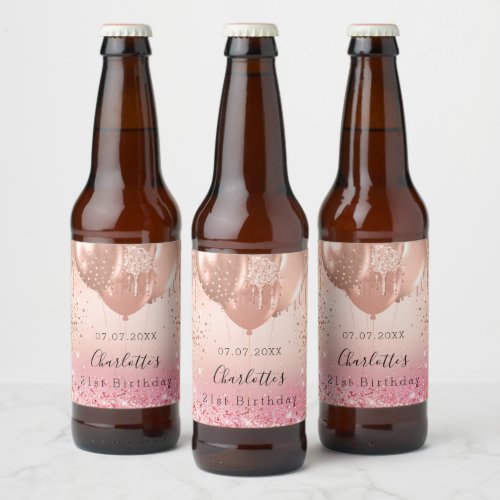 Birthday pink rose gold glitter balloons fun beer bottle label