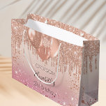 Birthday pink rose gold glitter drip balloons large gift bag<br><div class="desc">A gift bag for a girly and glamorous 21st (or any age) birthday party. A blush pink, rose gold gradient background with faux glitter drips, paint dripping look and balloons. The text: The name is written with a modern hand lettered style script. Personalize and add a date, name and age....</div>