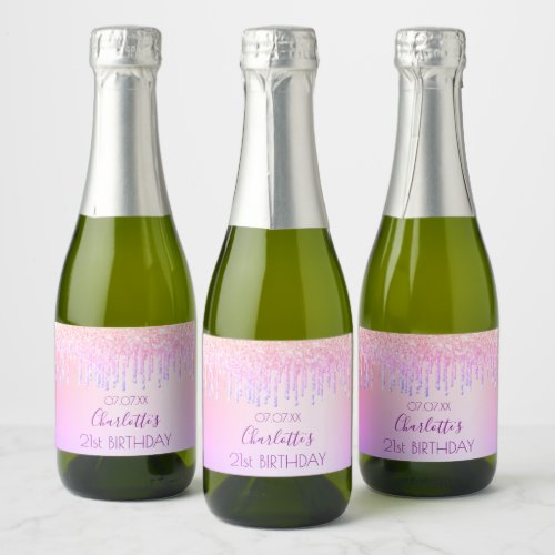 Birthday pink rose gold glitter drips name sparkling wine label