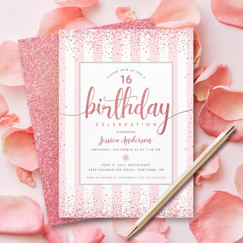 Birthday pink rose gold glitter script custom year invitation
