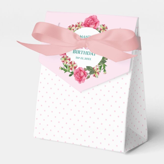 Birthday Pink Rose Red White Petunia Polka Dots Favor Boxes (Front Side)