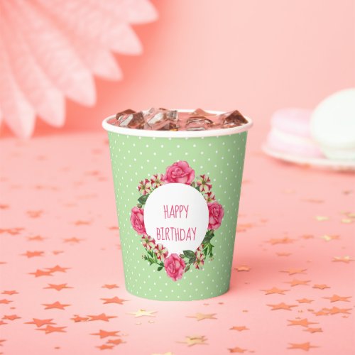 Birthday Pink Rose Red White Petunia Polka Dots Paper Cups