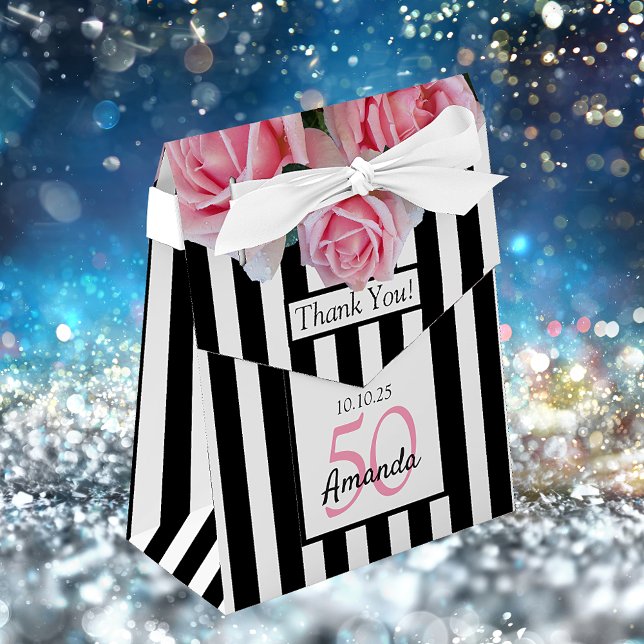 Birthday pink roses black white stripes favor boxes (Creator Uploaded)