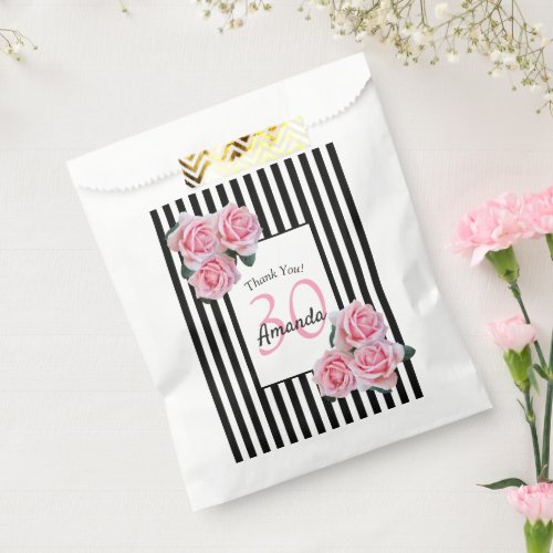 Birthday pink roses black white stripes name favor bag