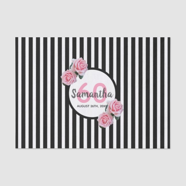Birthday pink roses black white stripes name tissue paper (Front)