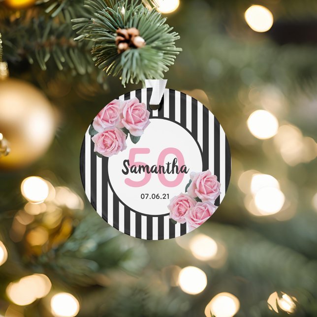 Birthday pink roses black white stripes ornament (Creator Uploaded)