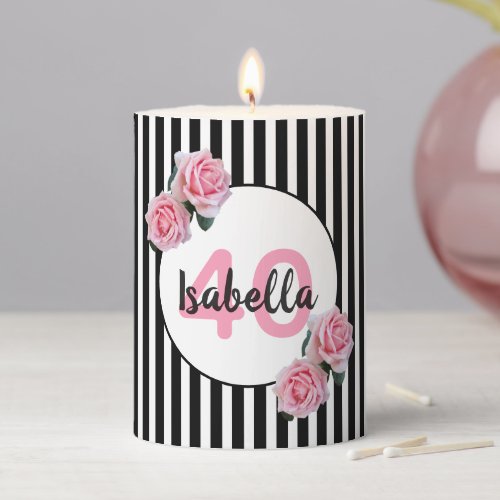 Birthday pink roses black white stripes pillar candle