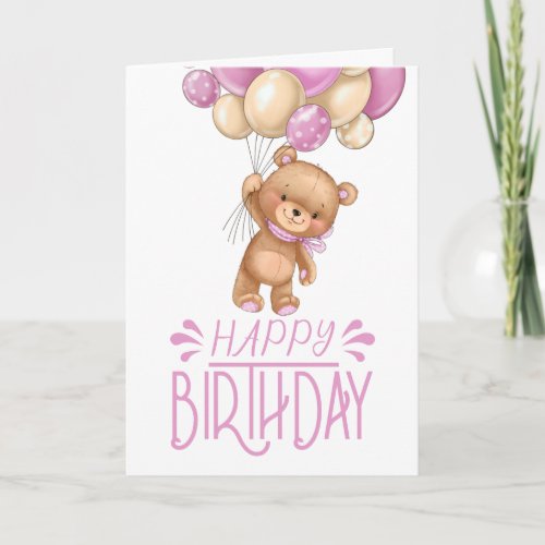 birthday pink teddy balloon girl card