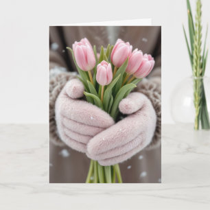 Birthday Pink Tulips With Snowflakes Card