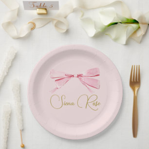 Birthday Pink Watercolor Bow Cute Paper Plates