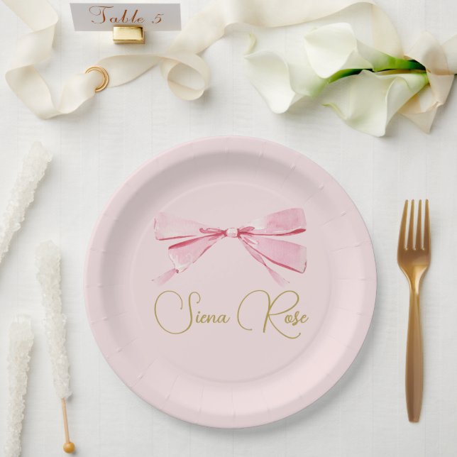 Birthday Pink Watercolor Bow Cute  Paper Plates (Wedding)