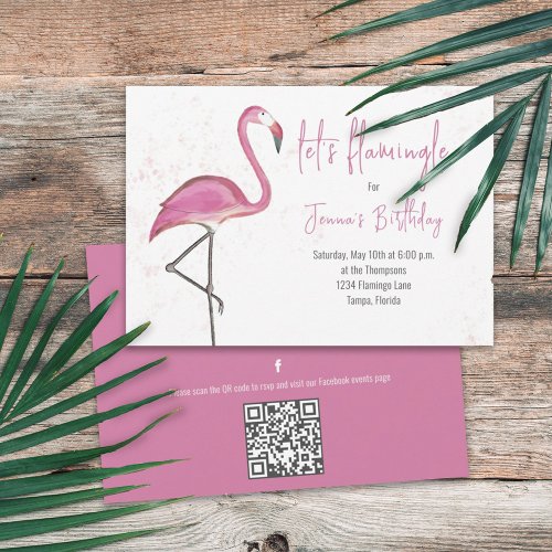 Birthday Pink Watercolor Lets Flamingle Simple Invitation