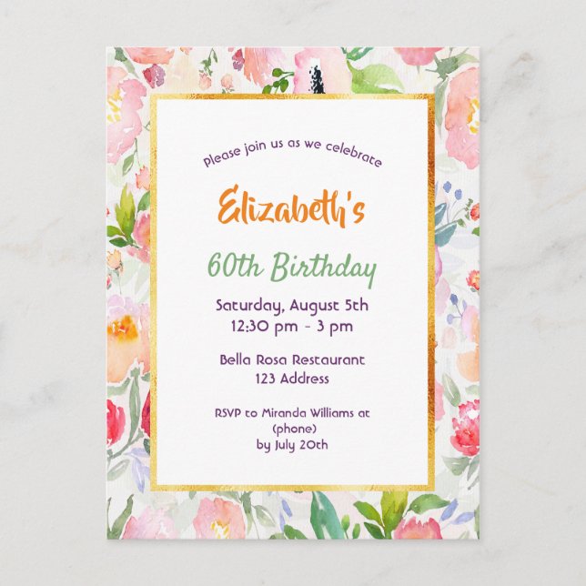 Birthday pink watercolored florals invitation postcard (Front)