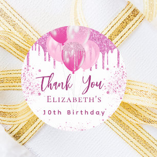 Birthday pink white balloons girl thank you classic round sticker