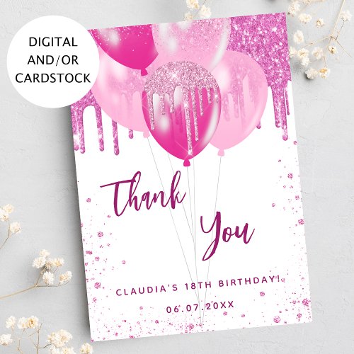 Birthday pink white balloons thank you card