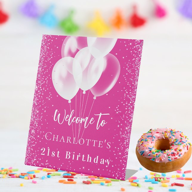 Birthday pink white balloons welcome pedestal sign (Creator Uploaded)