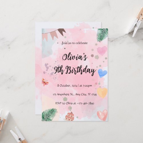  birthday pink white girl invitation