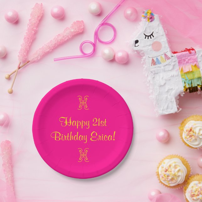 Birthday Pink Yellow 21st (Age) Erica (Name) Paper Plates (Party)