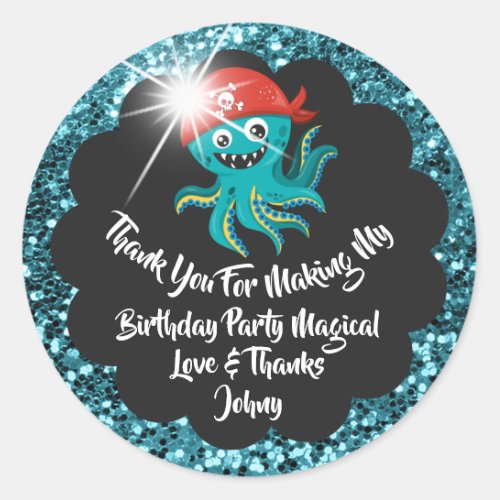 Birthday Pirate Favor Thank Red Black Glitter Blue Classic Round Sticker