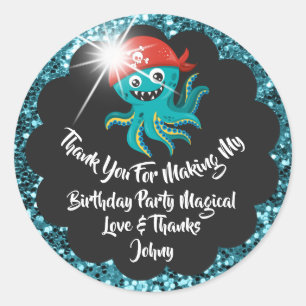 Birthday Pirate Favor Thank Red Black Glitter Blue Classic Round Sticker