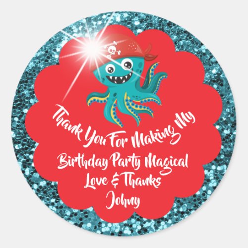 Birthday Pirate Favor Thank Red Spark Glitter Blue Classic Round Sticker