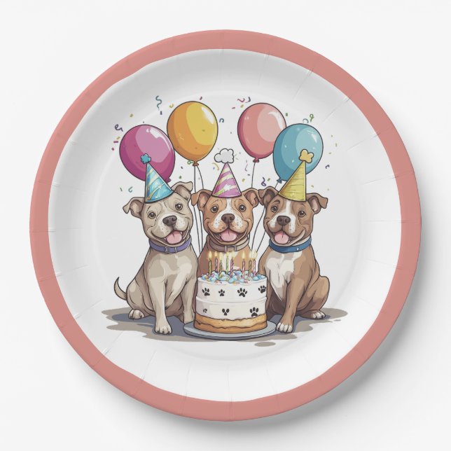 Birthday Pit Bull Dogs Paper Plates (Front)