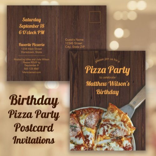 Birthday Pizza Party Rustic Wood Postcard