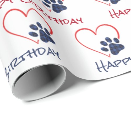 Birthday Plaid Paw Print with Heart Wrapping Paper