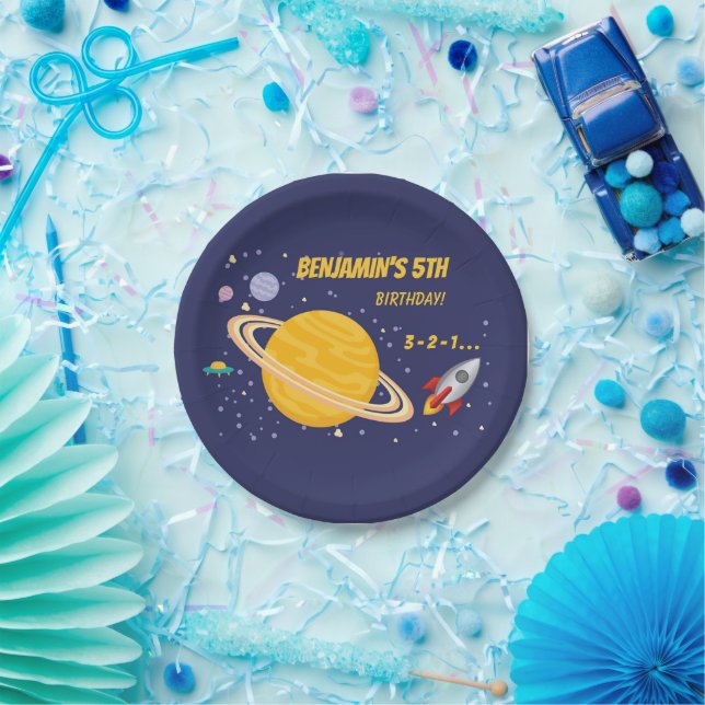 Birthday Planets & Rocket Ship in Outer Space Paper Plates (Party)