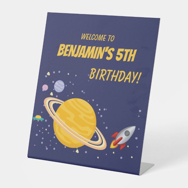 Birthday Planets & Rocket Ship in Outer Space Pedestal Sign (Front)