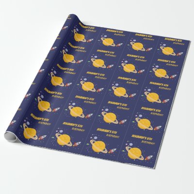 Birthday Planets &amp; Rocket Ship in Outer Space Wrapping Paper