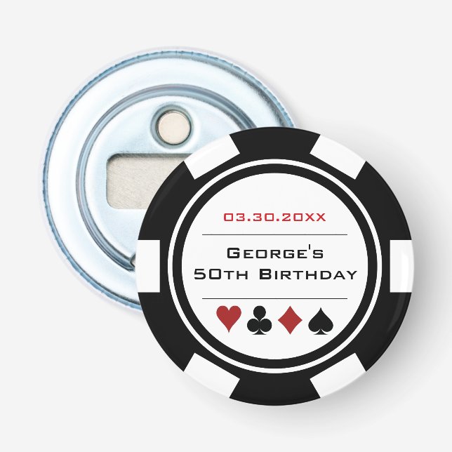 Birthday Poker Chip Casino Theme Black White Bottle Opener (Front)