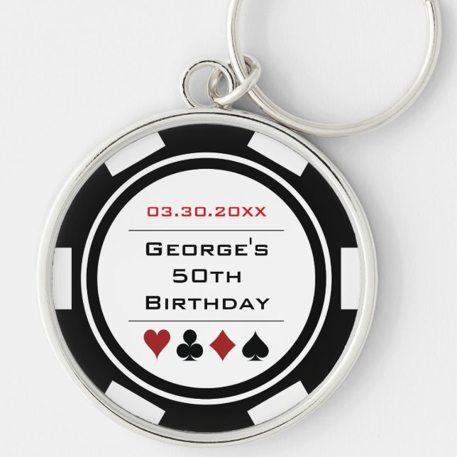 Birthday Poker Chip Casino Theme Black White Keychain (Front)