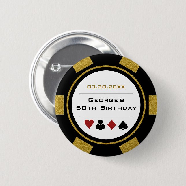 Birthday Poker Chip Casino Theme Gold Black Button (Front & Back)