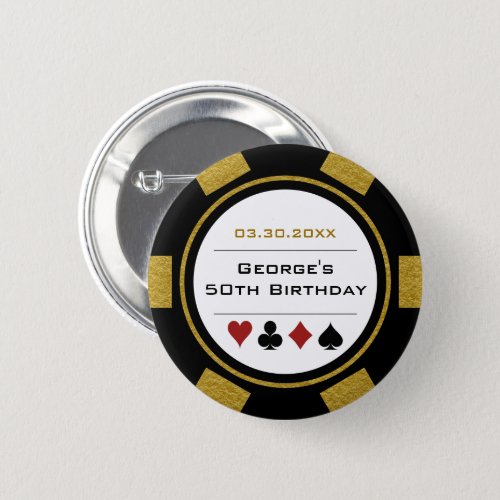 Birthday Poker Chip Casino Theme Gold Black Button