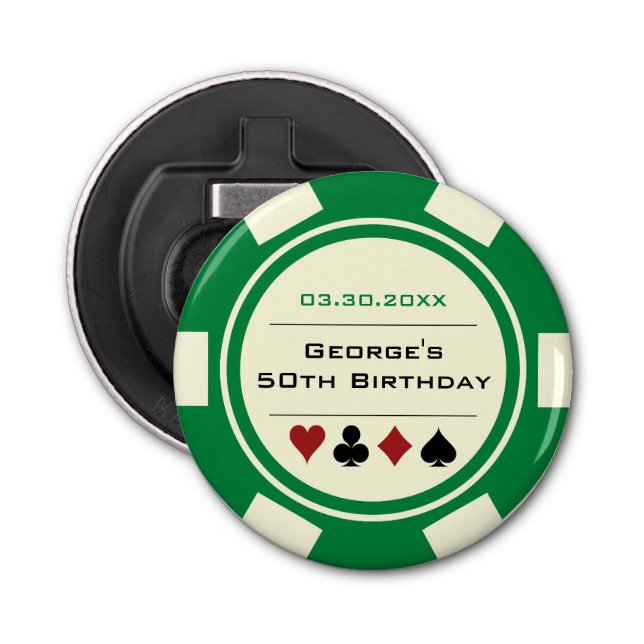 Birthday Poker Chip Casino Theme Green Off White Bottle Opener (Front)