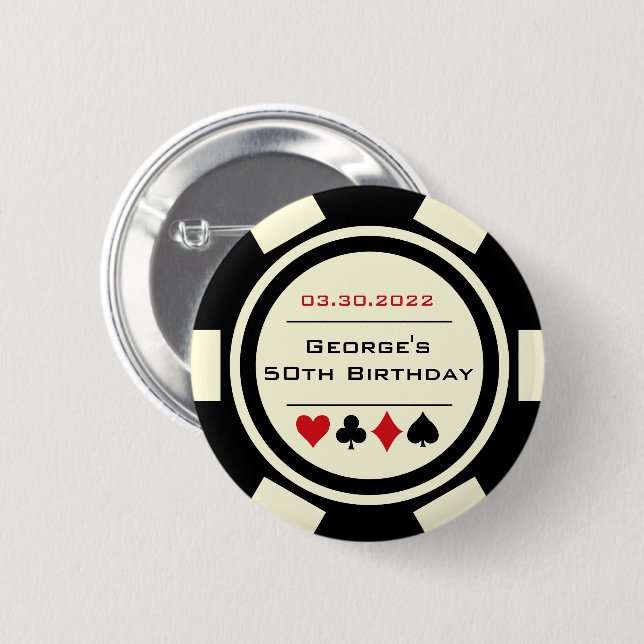 Birthday Poker Chip Casino Theme Red Black Button (Front & Back)