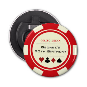 Birthday Poker Chip Casino Theme Red Off White Bottle Opener