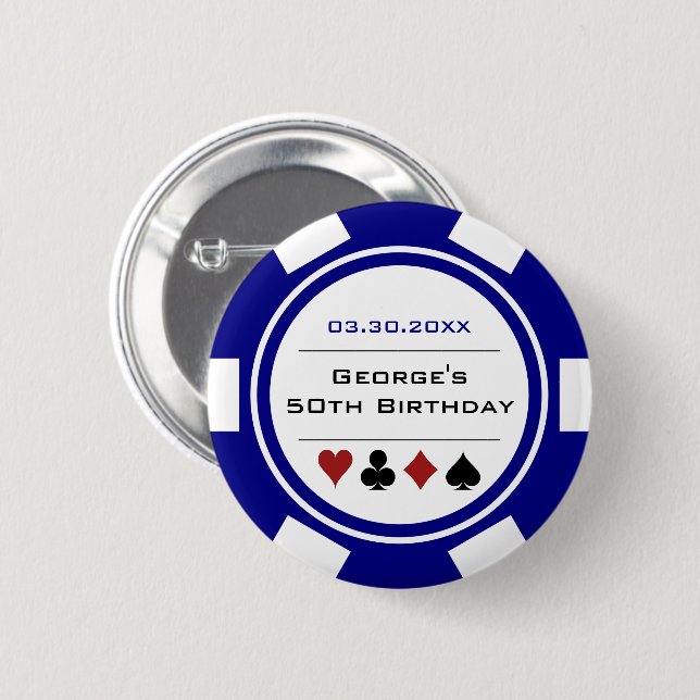 Birthday Poker Chip Casino Theme White Blue Button (Front & Back)