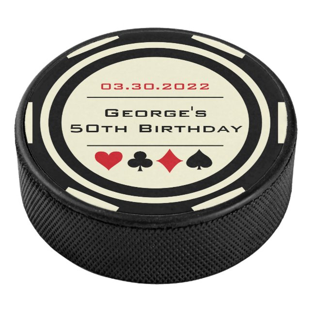 Birthday Poker Chip Las Vegas Theme Black Cream Hockey Puck (3/4)