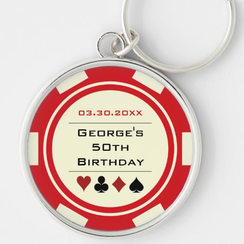 Birthday Poker Chip Las Vegas Theme Red Off White Keychain