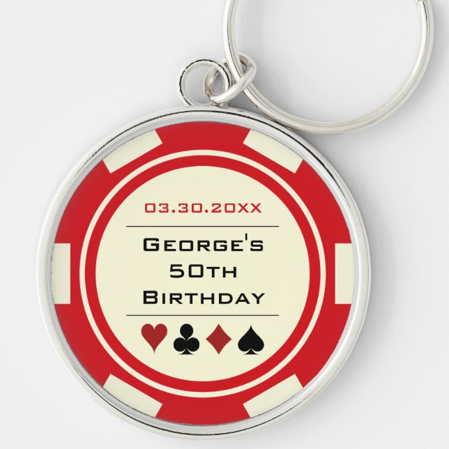 Birthday Poker Chip Las Vegas Theme Red Off White Keychain (Front)