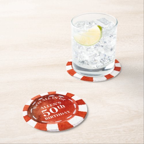 Birthday Poker Chip Red White Personalized Round Paper Coaster